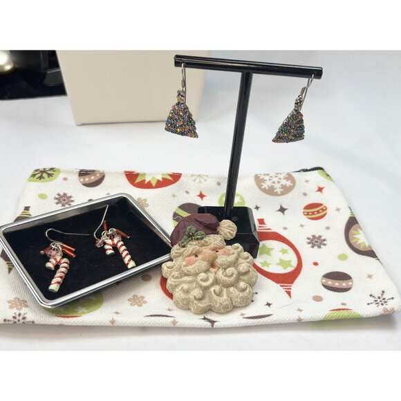 Christmas-Themed Candy Cane & Tree Earrings With Santa Pin On Festive Pouch - Picture 1 of 5